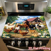 A decorative kitchen mat featuring farm animals like cows, horses, and chickens on a green field.