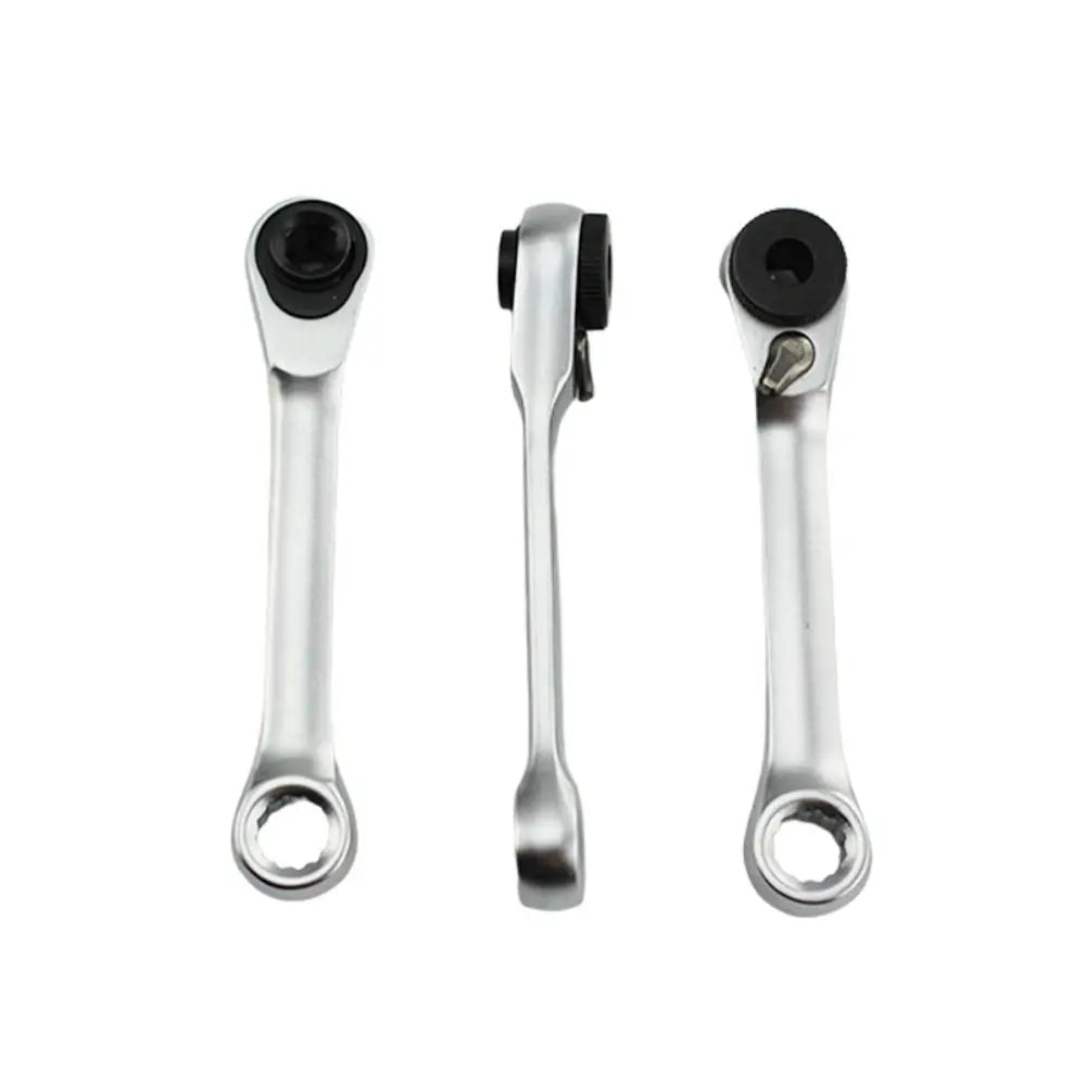 Three silver double-headed mini ratchet wrenches displayed against a white background.