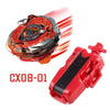 Red and silver Beyblade Burst CX08-01 metal fighting top with launcher shown in a dynamic angle.
