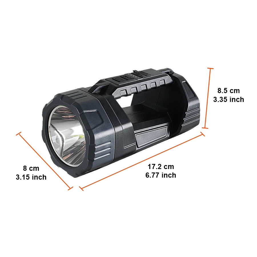 A black solar rechargeable LED flashlight with a COB side light, shown from the side.