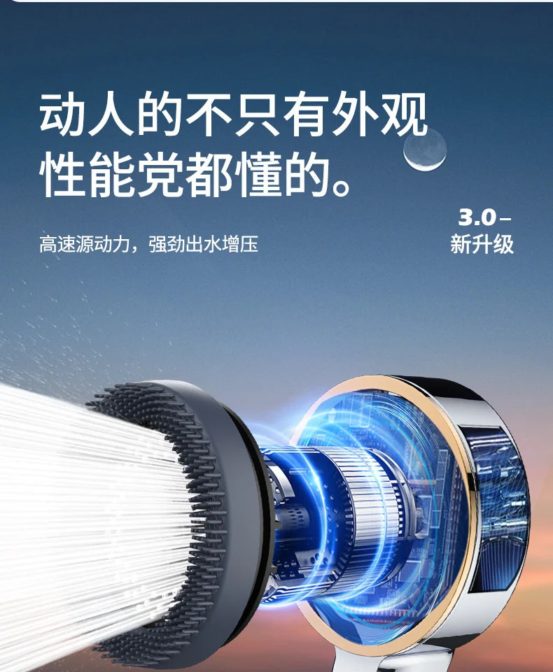 Close-up of a high-pressure shower head with multiple nozzles emitting a strong stream of water.