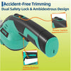 A green and black Garvee accident-free trimming tool showing the power switch and safety buttons.