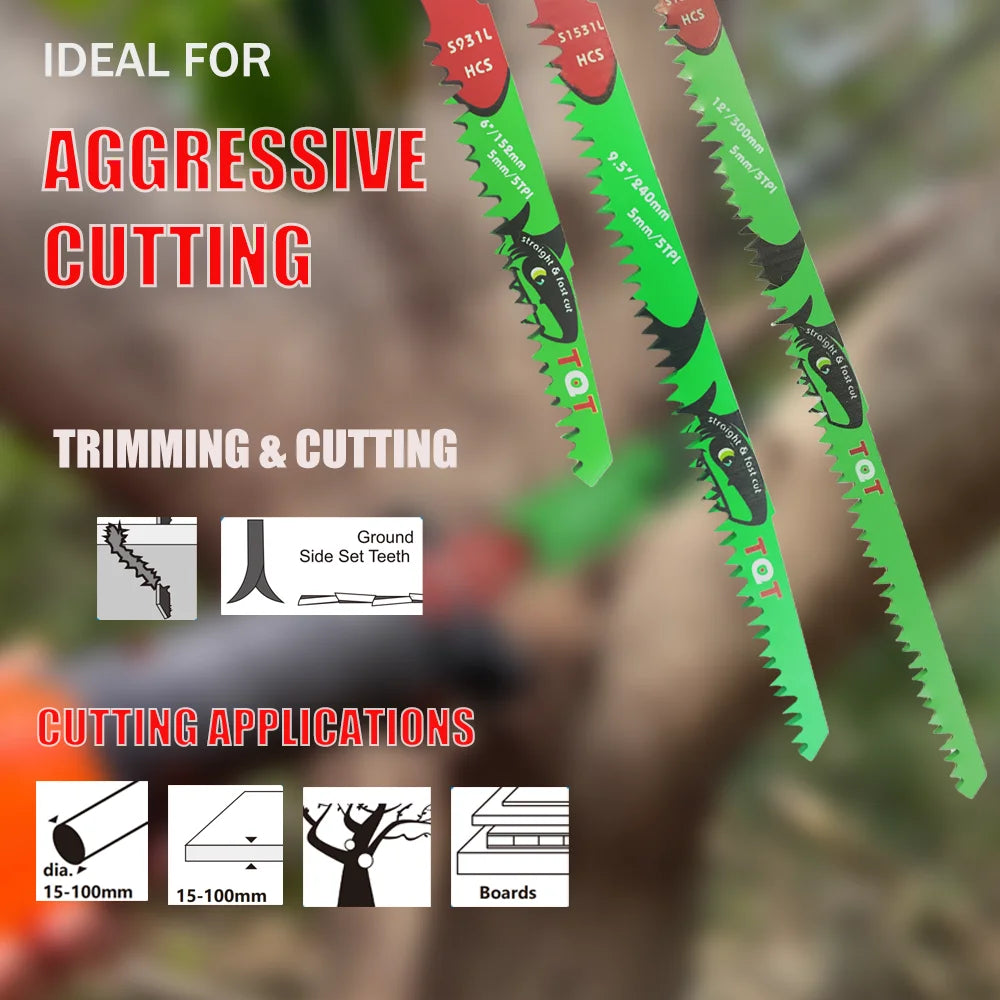 A set of ten green reciprocating saw blades for aggressive cutting and trimming applications.