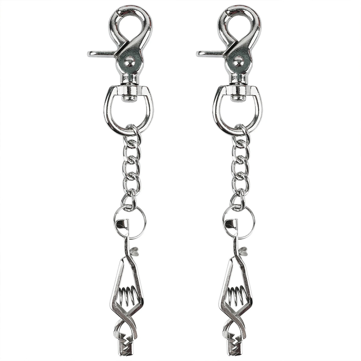 A pair of heavy duty metal glove clips for work and outdoor use, featuring a hook and a carabiner-style clip.