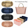 Various felt purse organizer inserts and a tote bag are shown in various colors like beige, navy blue, black, and pink.