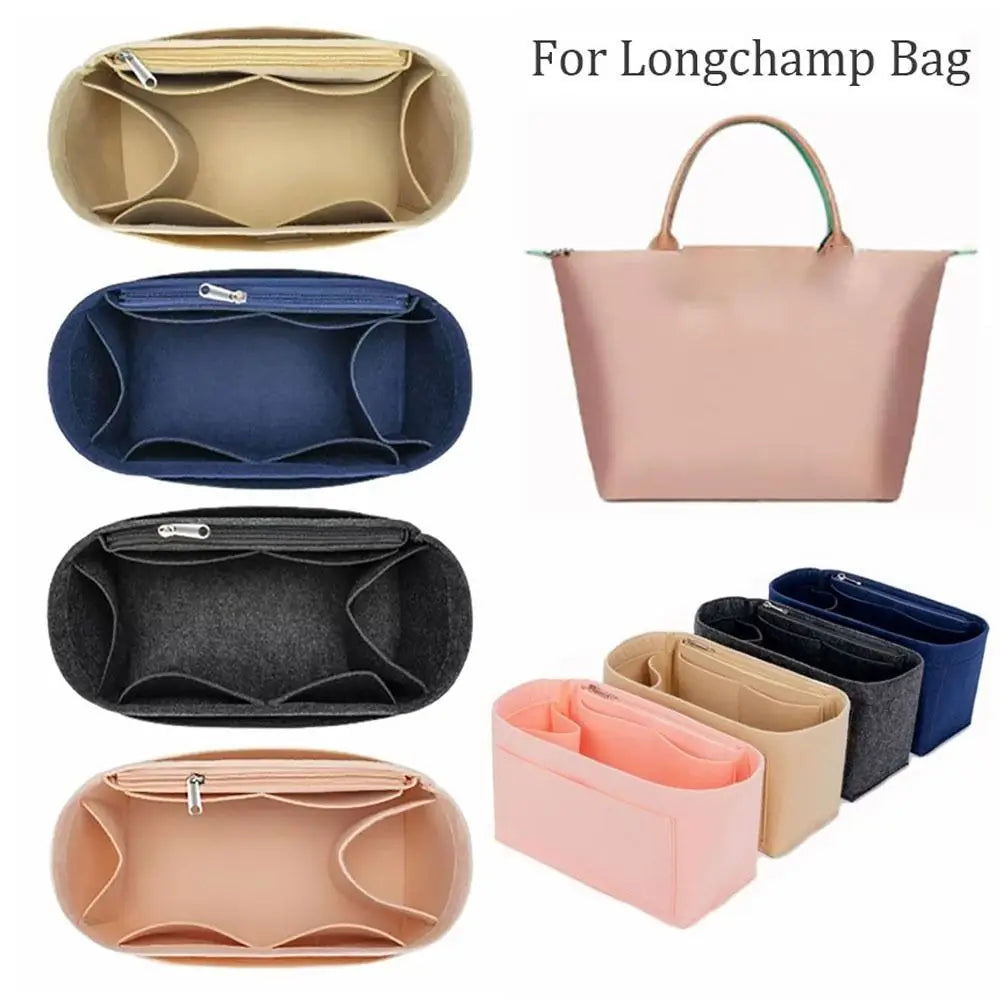 Various felt purse organizer inserts and a tote bag are shown in various colors like beige, navy blue, black, and pink.