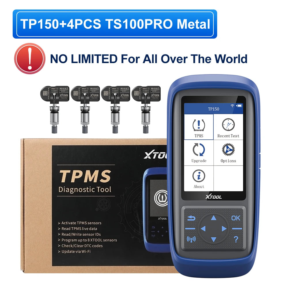 A blue XTOOL TP150 diagnostic tool and four replacement metal sensors are shown next to its packaging.