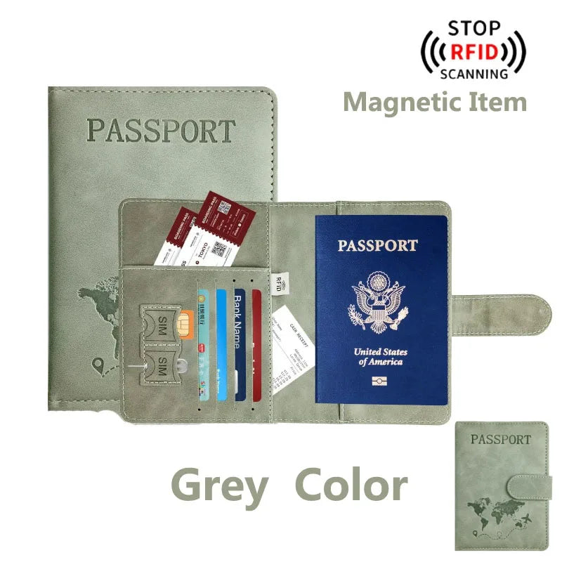 Porta-pasaporte gris con ventana transparente mostrando un pasaporte y tarjeta SIM.