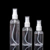Clear portable refillable travel spray bottle with white pump and clear liquid