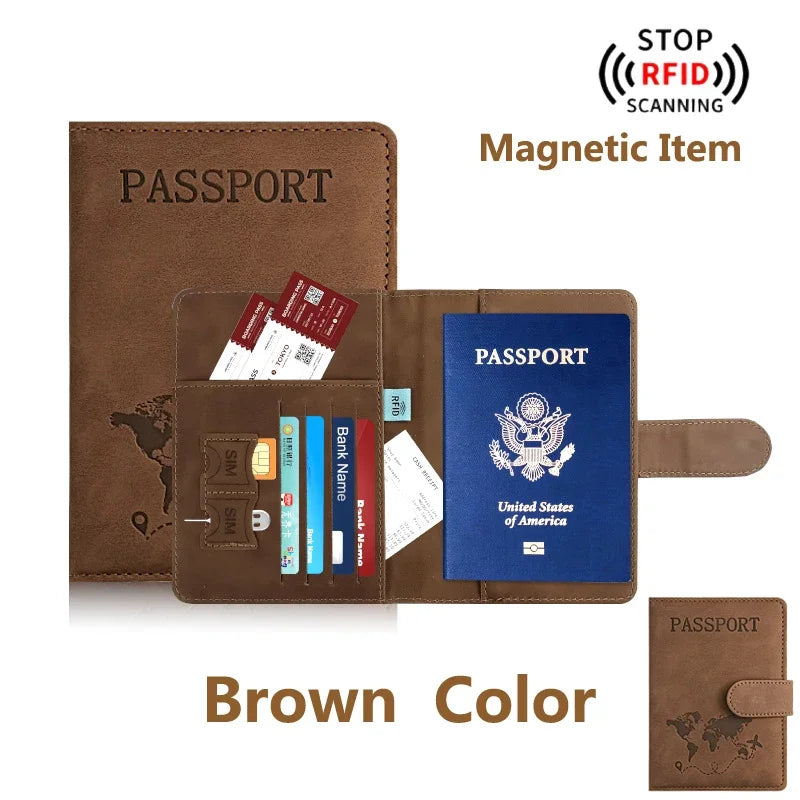 Porta-pasaporte de cuero marrón con múltiples ranuras para documentos y función magnética