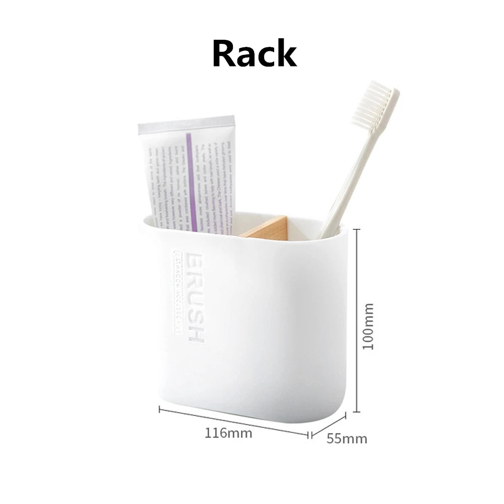 A white rack organizer holding a toothbrush and a small rectangular item.