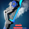 A close-up view of a futuristic light-up sword and axe toy with a blue glow and smoke effect.