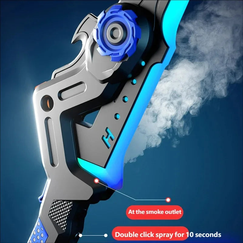 A close-up view of a futuristic light-up sword and axe toy with a blue glow and smoke effect.