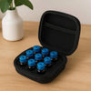 A black portable storage case for insulin and peptide vials, containing multiple small glass vials.