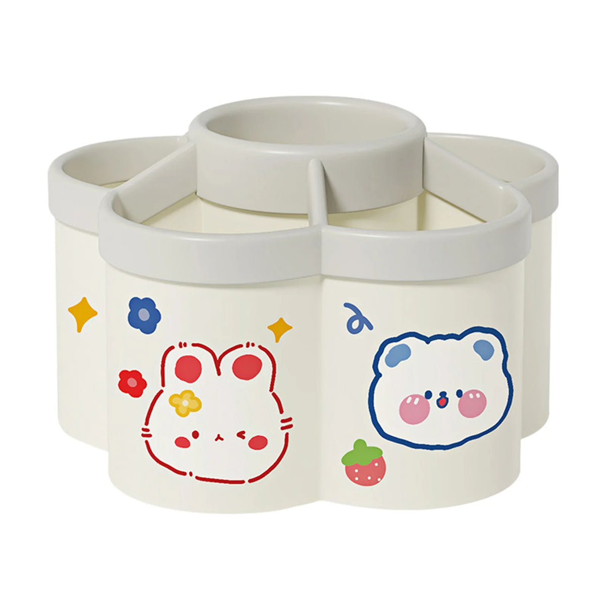 A white rotating desk organizer with multiple compartments for pens and supplies, featuring cute animal illustrations.