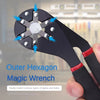 A close-up of an Outer Hexagon Magic Wrench tool being held, showing its hexagonal opening and black handle.