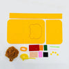A yellow felt animal sewing craft kit with various colored felt shapes and tools.