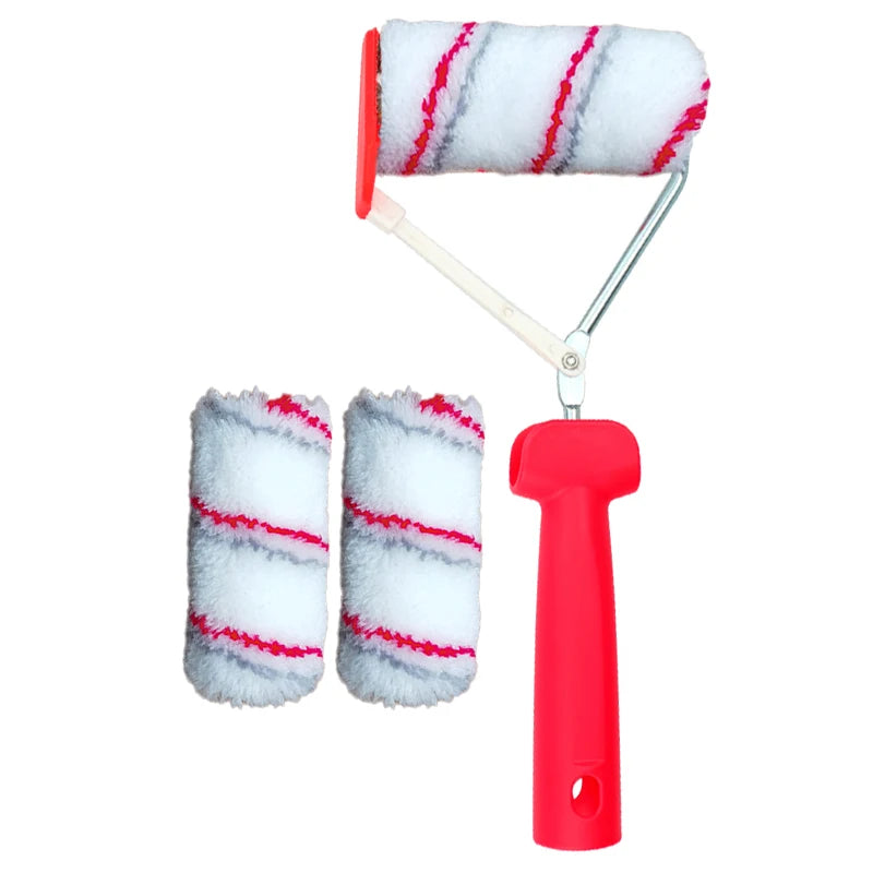 A red paint edger roller with two white and red striped foam rollers attached.