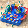 A blue interactive racing rail car set featuring train, animal, and space rocket designs on a wooden floor.