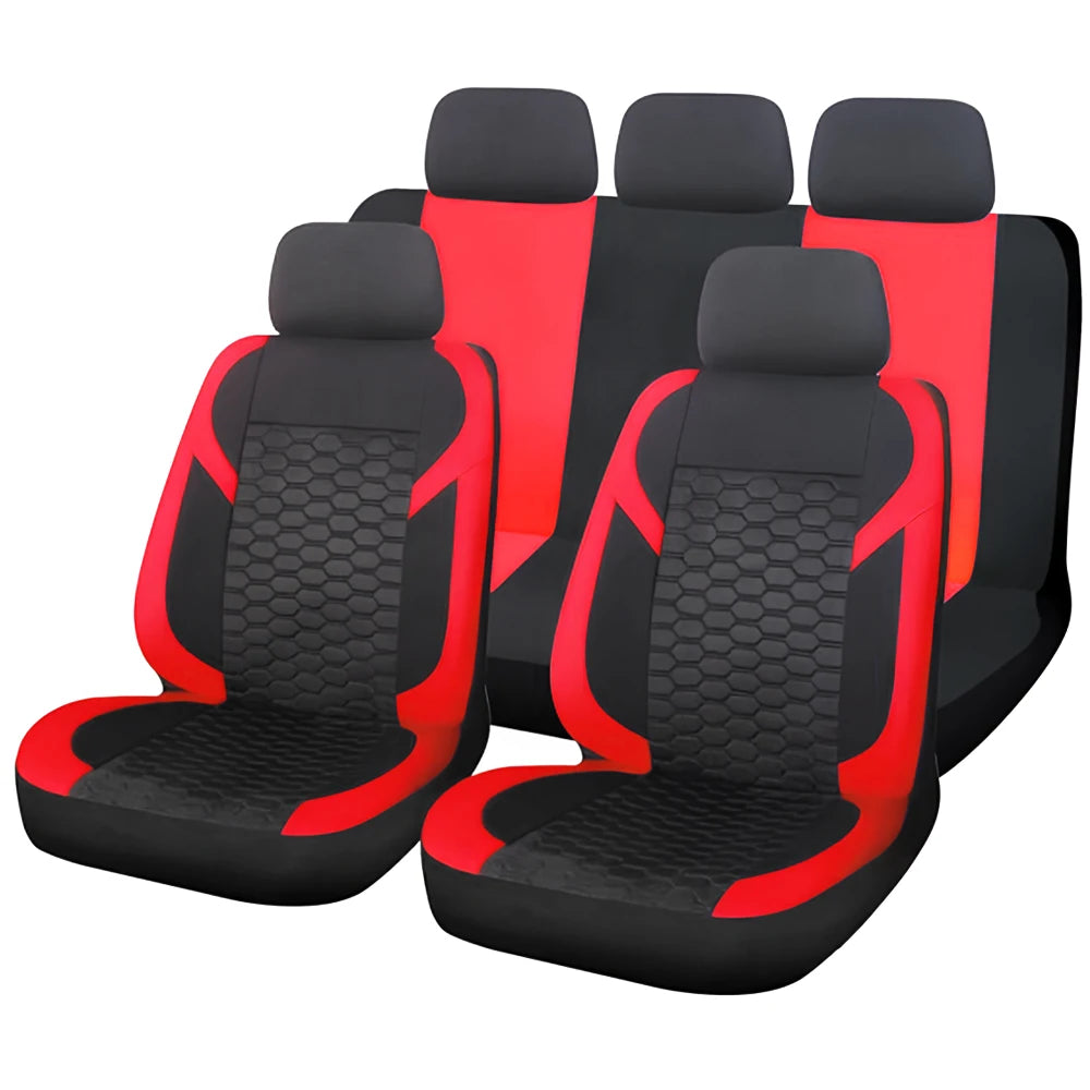 Four black car seat covers with red accents and honeycomb mesh fabric.