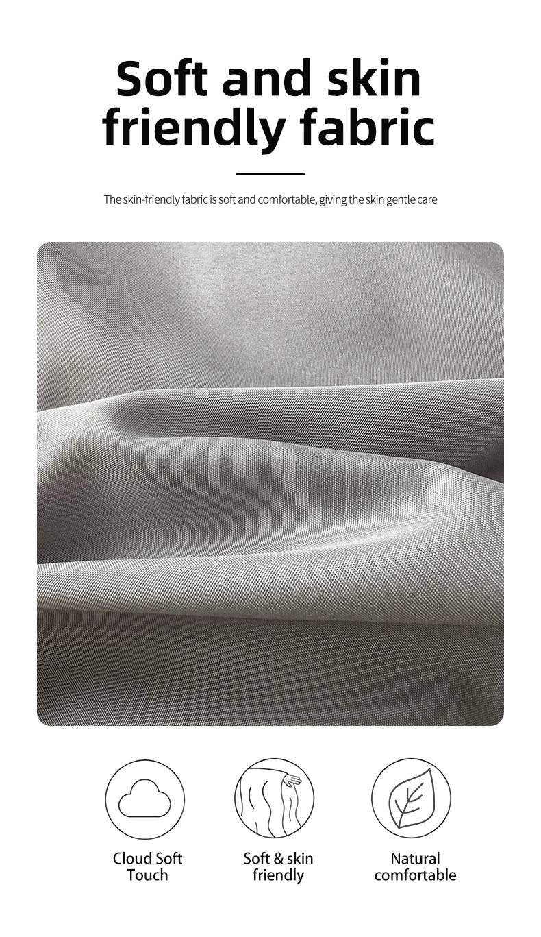 Close-up of a soft gray fabric texture showing cloud touch, skin-friendly qualities, and natural comfort.