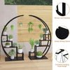 Black metal half moon plant stand with five tiers and innovative hanging hooks for indoor plants