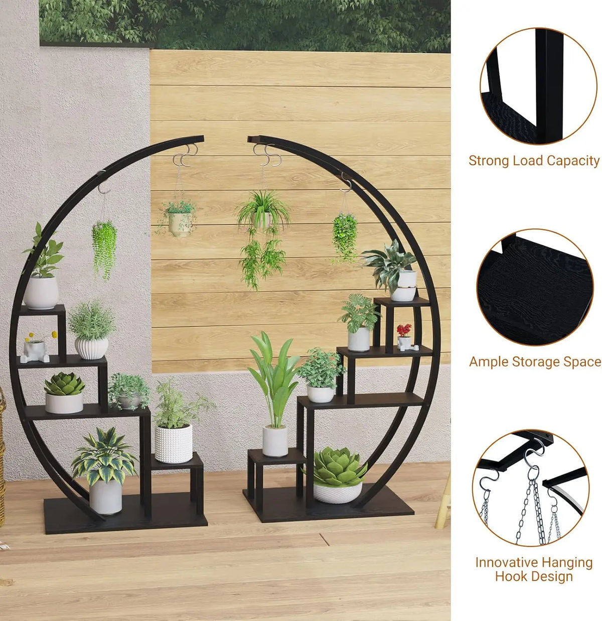 Black metal half moon plant stand with five tiers and innovative hanging hooks for indoor plants
