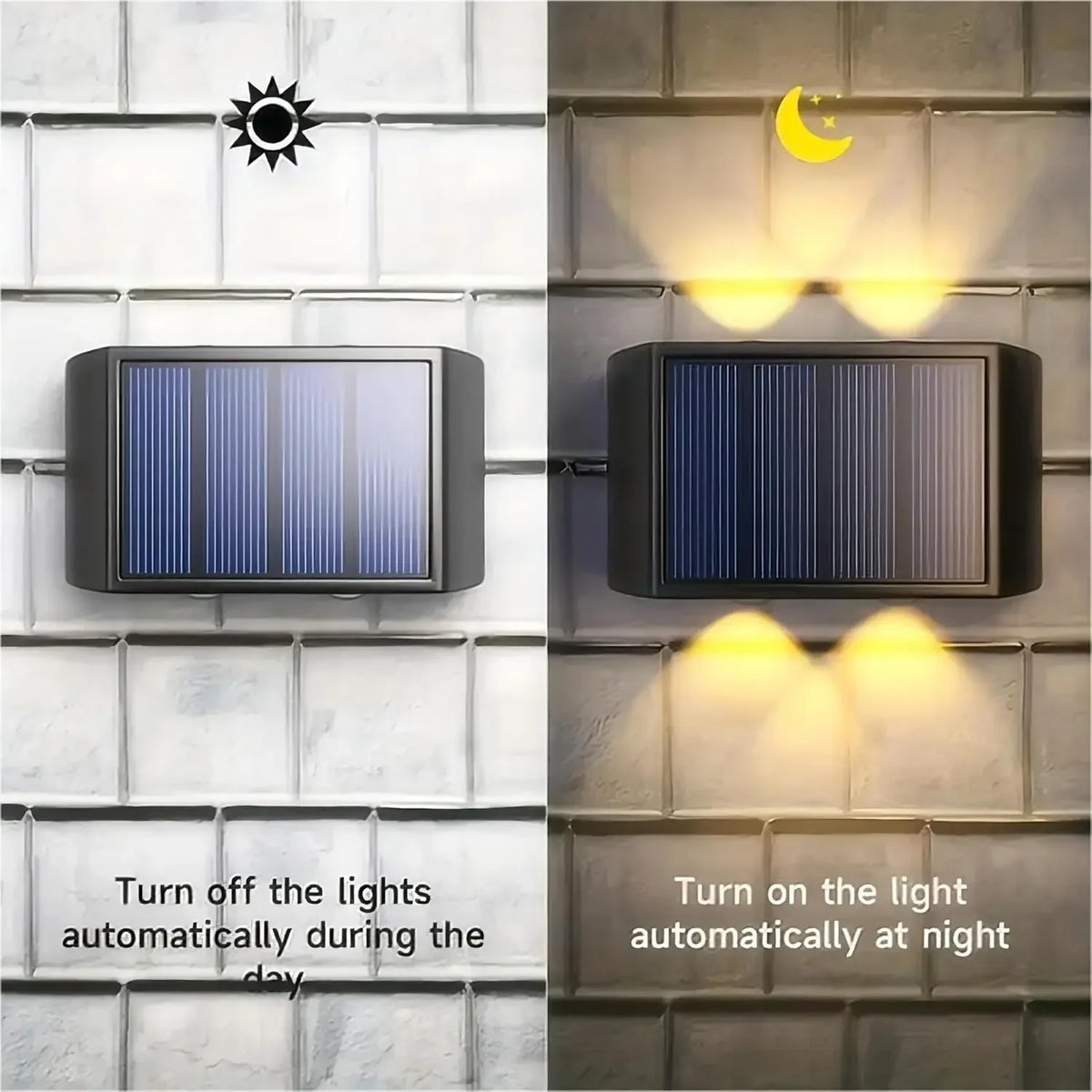 Solar powered outdoor wall light illuminating the day and night with automatic on/off features