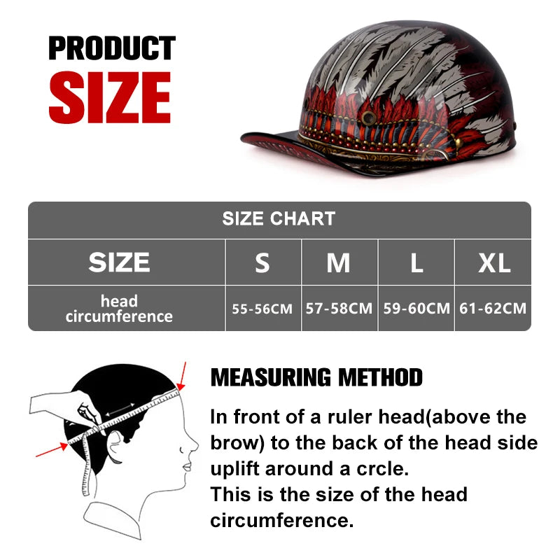 A black and red patterned motorcycle helmet is shown with a size chart and measuring method instructions.