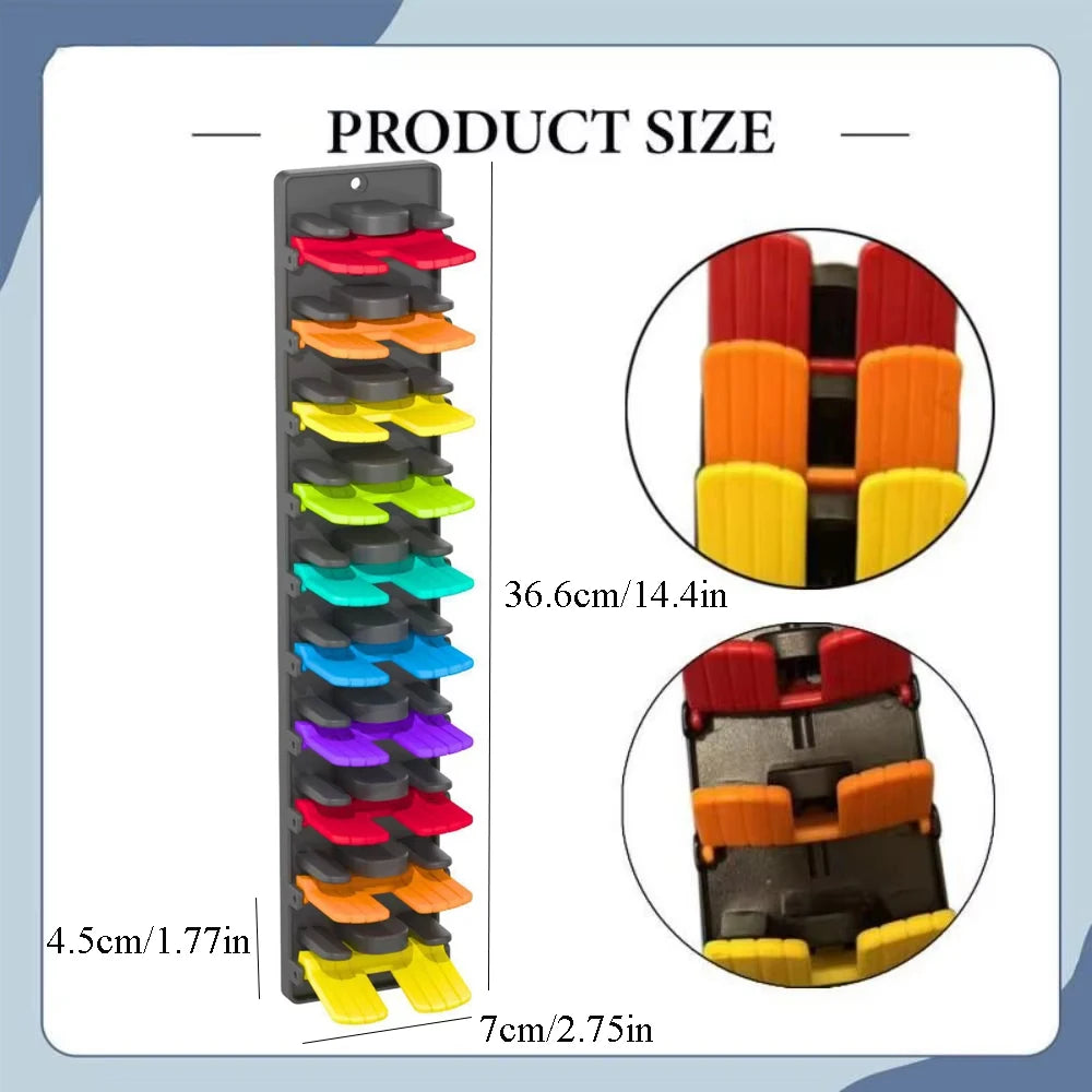 Wall-mounted baseball cap organizer rack showing various colored organizers and dimensions.