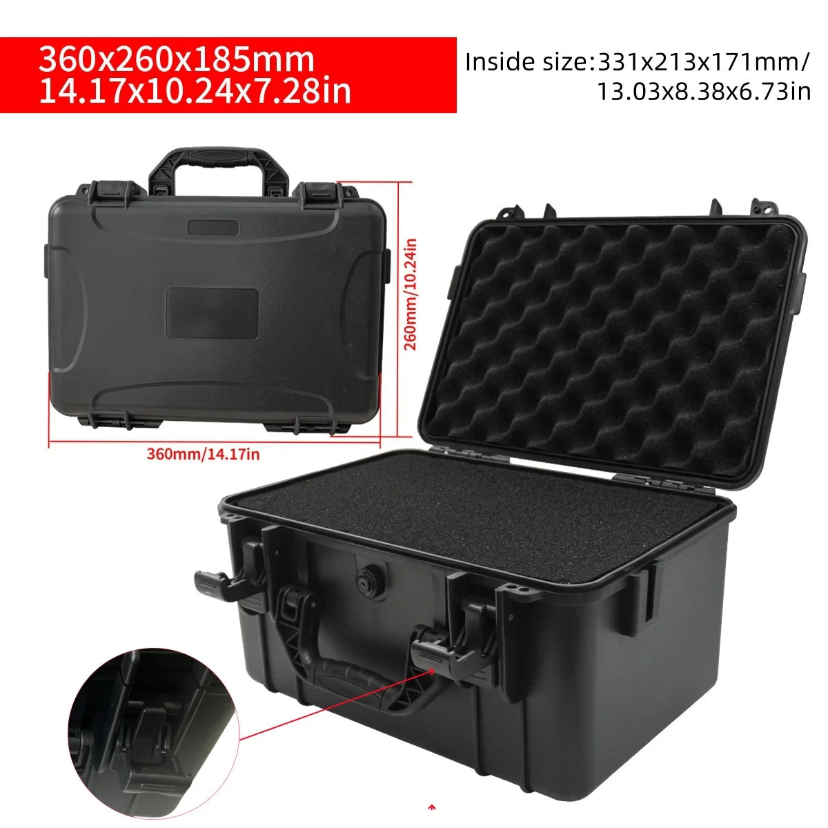 Black portable hard shell toolbox with a customizable foam insert shown in various angles.