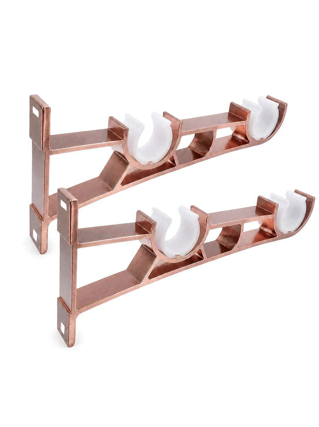 A pair of rose gold heavy duty double curtain rod brackets for wall mounting, designed to fit 1 to 1.2 inch rods.