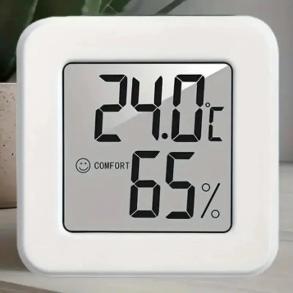 A white compact digital indoor thermometer and hygrometer displaying 24.0°C and 65% humidity.