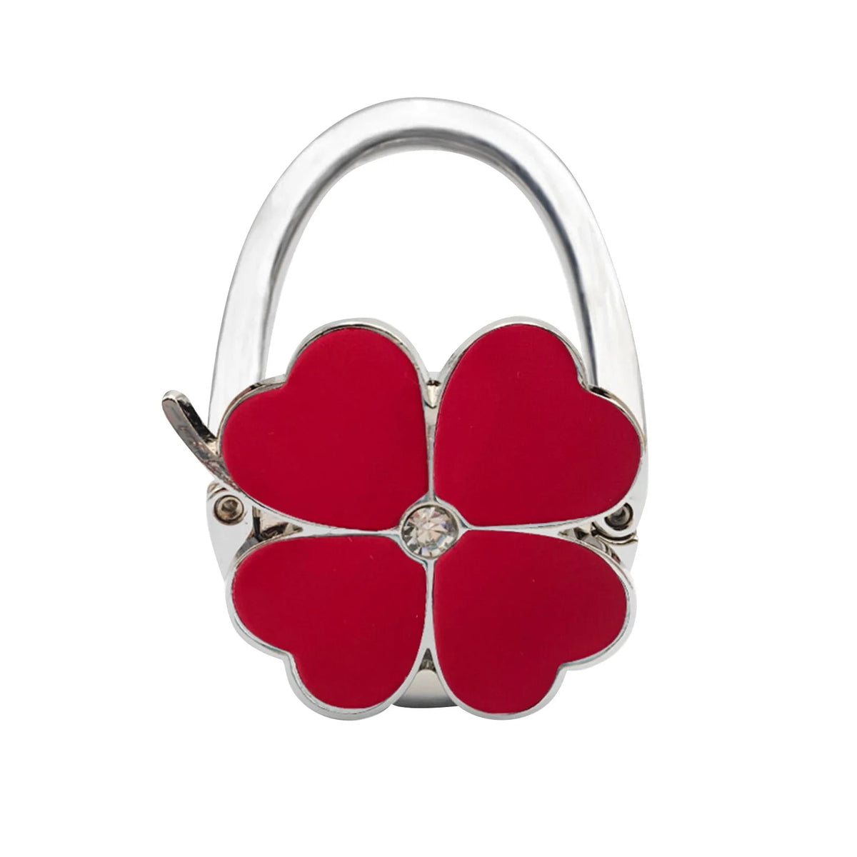 Silberner Handtaschenhaken mit einer gefalteten roten Klee-Design.