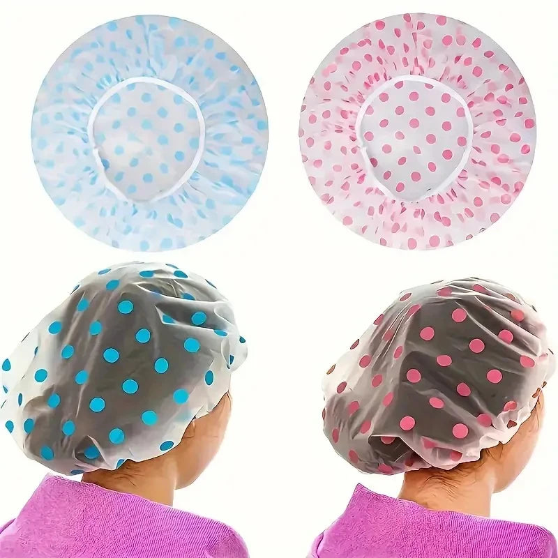 Reusable polka dot waterproof shower cap shown in various colors and usage examples.