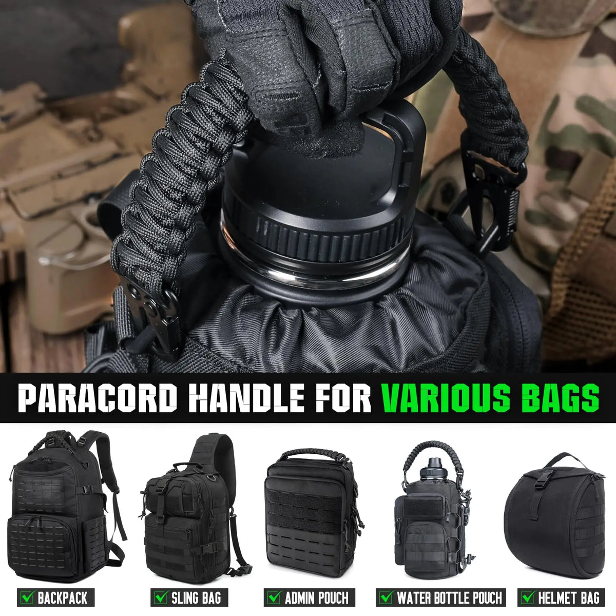 A black paracord handle with a metal hook is shown being used to secure various tactical bags and backpacks.