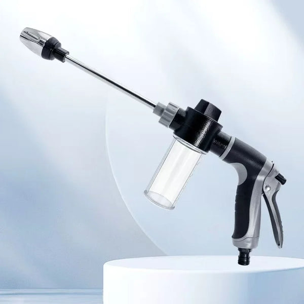 A silver and black adjustable high-pressure water gun is shown against a white background.