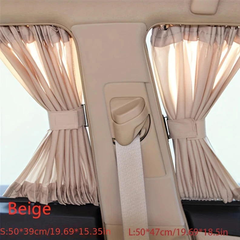 Beige foldable car side window sun shade with UV protection shown in a vehicle interior.