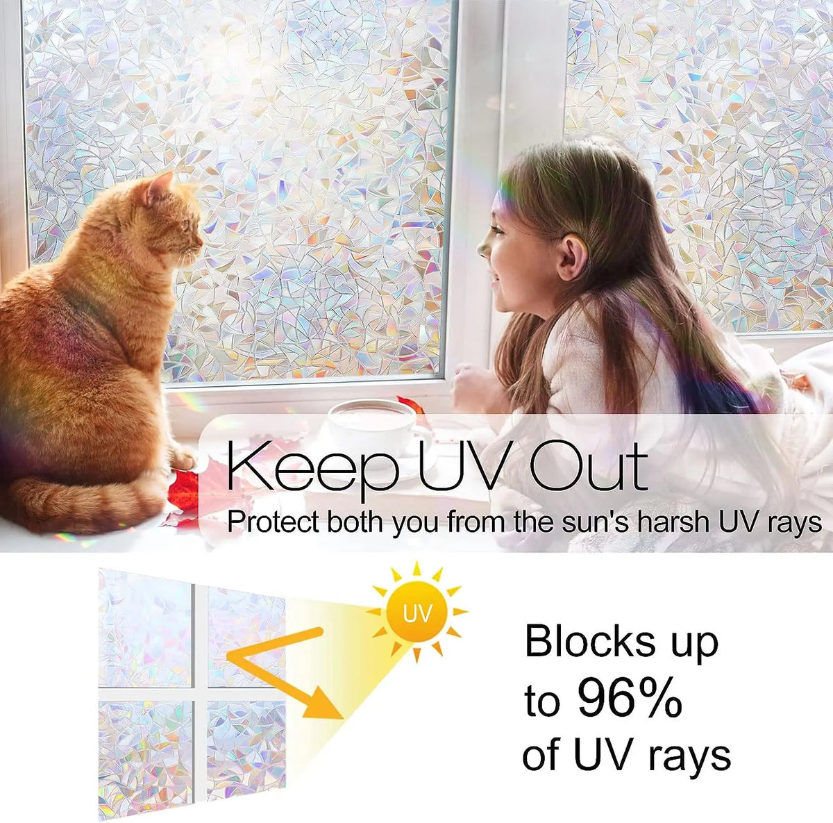 A woman looks out a window at a cat, with text promoting UV protection from the sun.