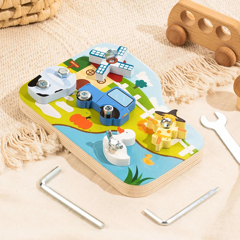A wooden farm animal assembly toy featuring various animals and tools like a screwdriver and wrench on a light wood backgroun