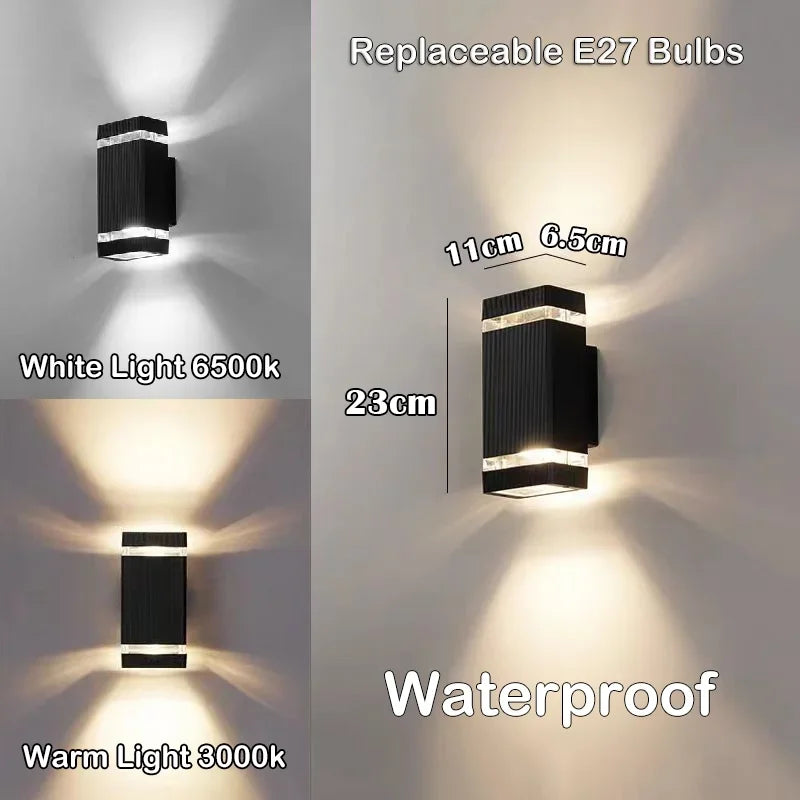 A set of modern black LED wall sconces showing white and warm light options, highlighting replaceable E27 bulbs.