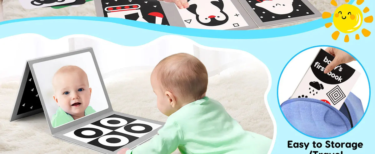 A baby is looking into a flash card mirror while interacting with high contrast baby flash cards.