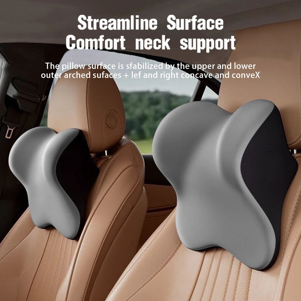 A memory foam car headrest and lumbar support cushion is shown in a tan leather seat, designed for streamlined neck support.