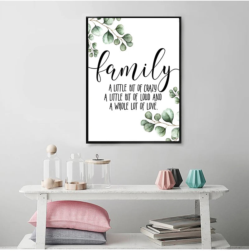 Family Quote Canvas Wall Art – Minimalist Green Leaf Print