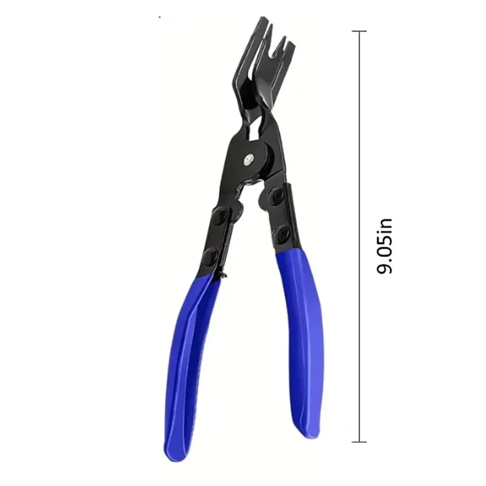 A pair of blue automotive trim removal pliers with black handles and a measuring scale.