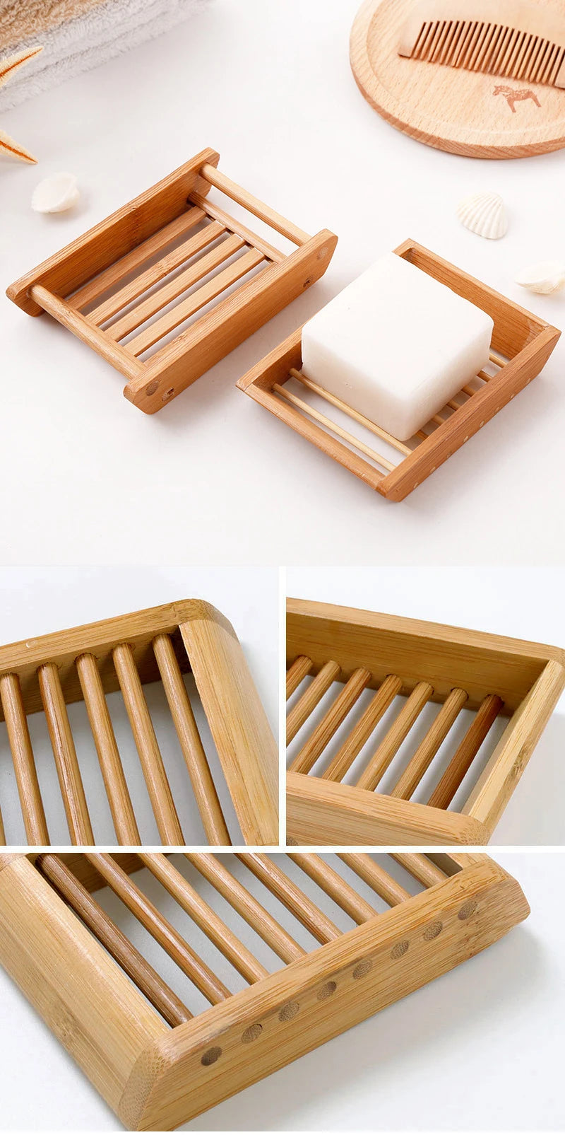 A set of natural bamboo soap dishes with wooden slats for fast-drying soap, shown in various angles.