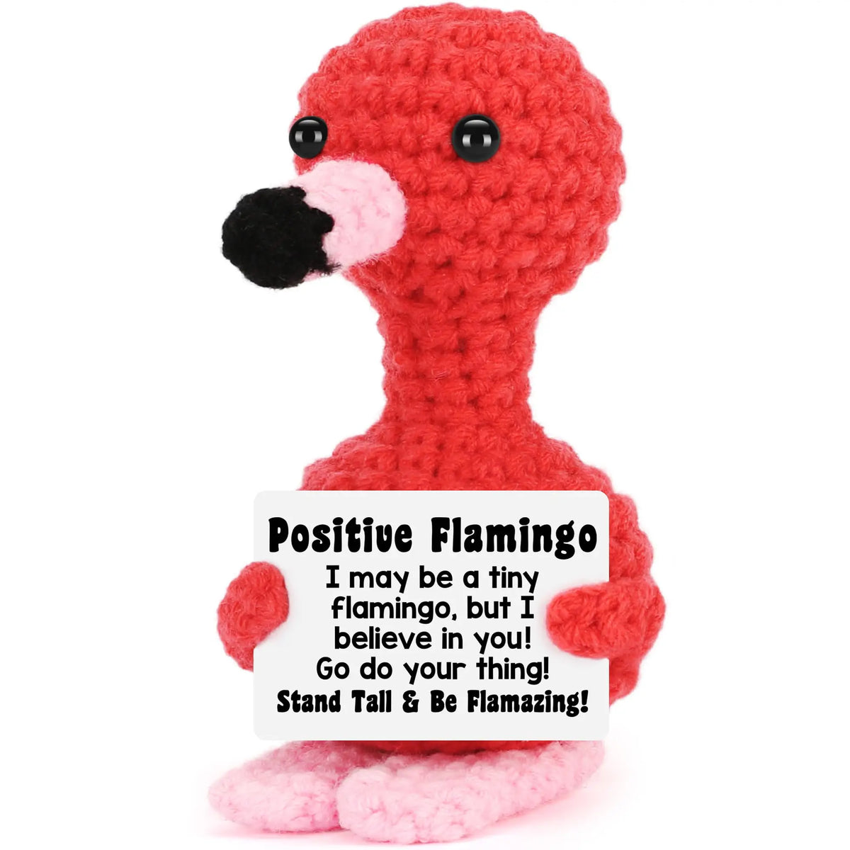 A red crocheted plush flamingo ornament with a pink beak and white belly.