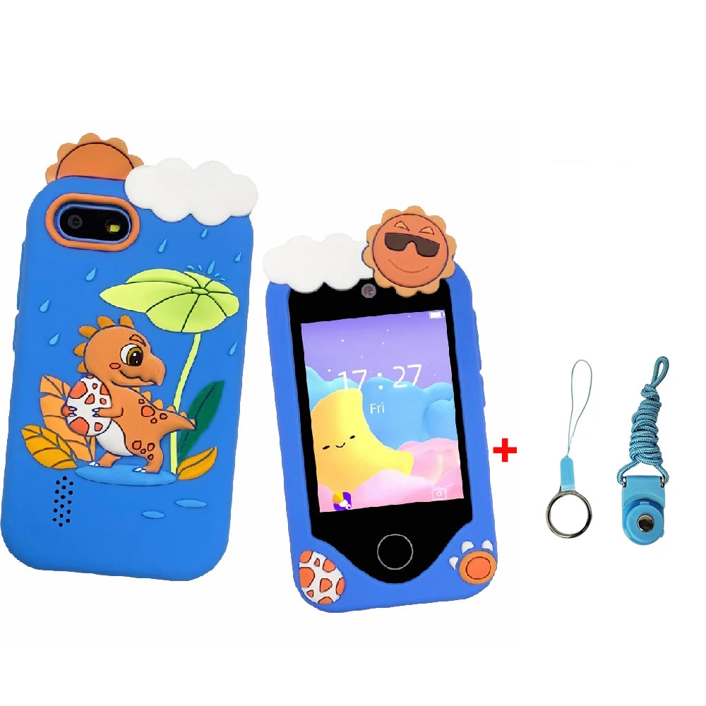 A blue kids smart phone toy with a character design, featuring dual cameras and a lanyard.