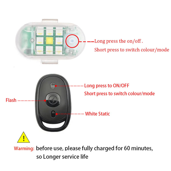 A wireless remote control LED warning light with a battery and a black remote featuring on/off and color switching functions.