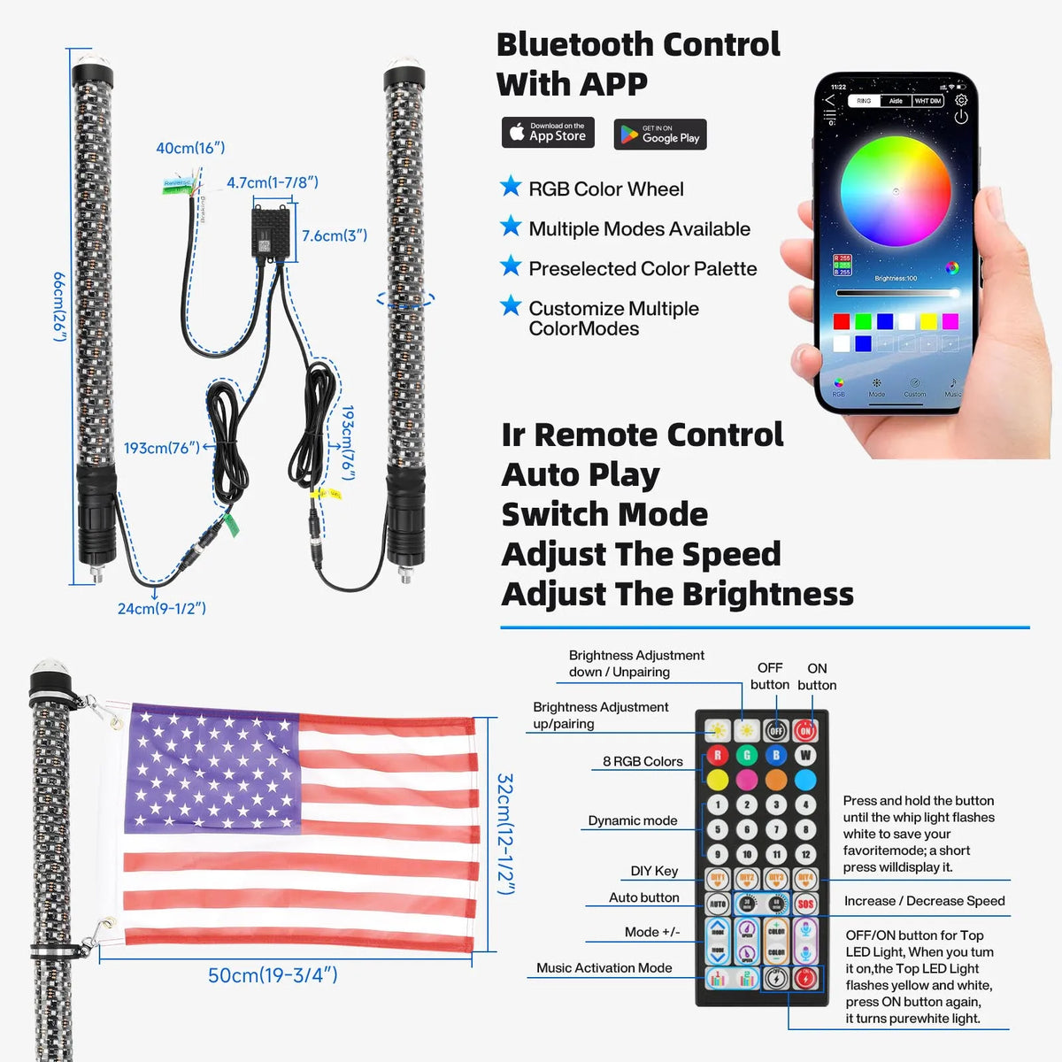 2-Pack LED Whip Lights with App & Remote Control